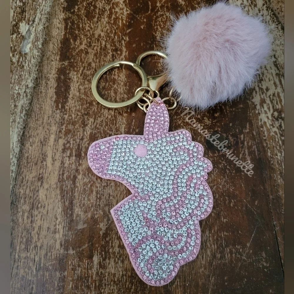 Rhinestone Unicorn Pom Pom Keychain Bag Charm - Picture 7 of 11